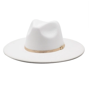 White wool fedora hat with 9.5cm wide brim and decorative gold metallic ribbon band