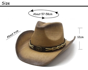 Detail view of straw cowboy hat with dimensions: 12cm height and 9cm brim width