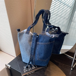 Retro denim patchwork bucket bag for women with dual handles and external pockets