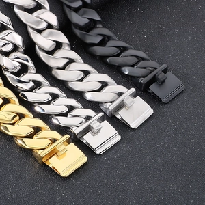 Macro shot of 24mm Cuban link bracelets in gold, silver and black steel finishes