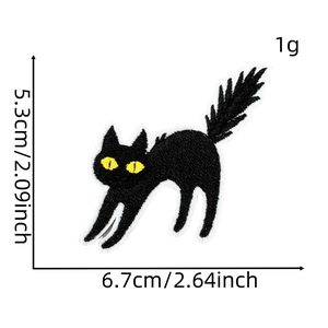 Detail view of black cat embroidered patch with exact dimensions and weight measurements