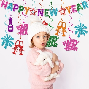 Colorful Happy New Year party decoration set with banners and sparkling spiral swirls