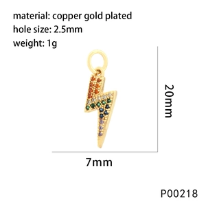 Detailed specs for a lightning bolt pendant in gold-plated copper with zircons