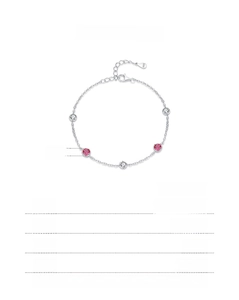 Detail of 925 sterling silver bracelet with magenta and white round-cut gemstones