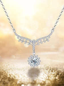 Detail of 925 sterling silver sunflower pendant necklace with shiny moissanite stones