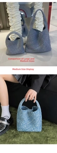 Size comparison between large and medium denim blue woven tote bags for daily casual use
