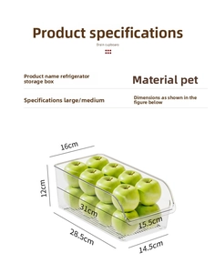 Transparent PET fridge organizer box showing dimensions and large capacity for storage
