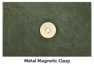 Detailed macro shot of vintage dark green leather with a circular golden magnetic snap buckle