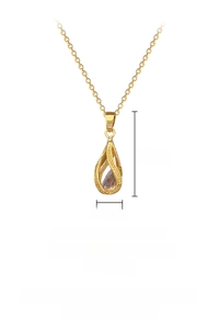 Detail of gold teardrop pendant with dimensions 2.5cm height and 40cm chain length