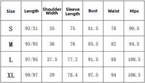 Detailed size chart for long sleeve maternity dress including length and bust measurements