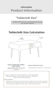 Guide des tailles de nappe en coton avec logique de calcul pour tables rectangulaires et rondes