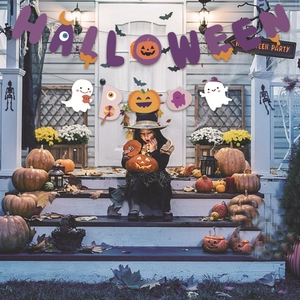 Halloween decorative banner set with pumpkins and ghosts on a festive porch backdrop