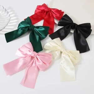 Set of 5 elegant satin bow hair clips in red green black pink and beige colors