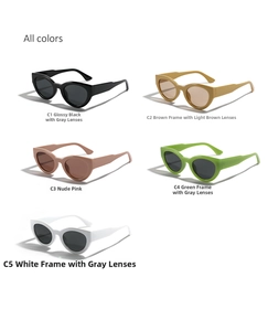 Variety of retro cat-eye sunglasses in black, tea, pink, green, and white frames