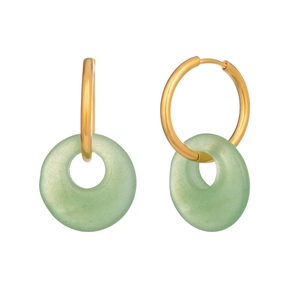 Detail view of gold hoop earrings with translucent green stone pendants in minimalist style