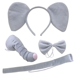 Detailed set of grey faux fur elephant cosplay accessories with ears, trunk, and bow tie