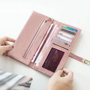 Pink matte leather long wallet for women featuring multiple card slots and zipper pocket