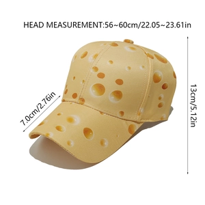 Detailed size chart for yellow cheese pattern bucket hat with dimensions in centimeters