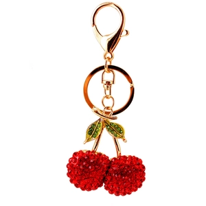 Creative red cherry rhinestone keychain with green leaves and gold metal lobster clasp