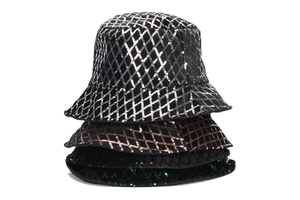 Detail of four sequined bucket hats with diamond lattice pattern in multiple colors