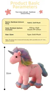 Detailansicht des 32cm bunten Einhorn-Stofftiers mit Regenbogenmähne und weichem Stoff
