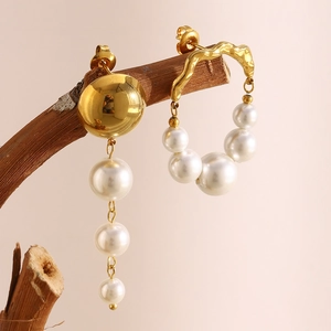 Asymmetrical Earrings For Women Stainless Steel 18K Gold Plated French Retro Irregular Geometric Imitation Artificial Pearl Studs