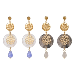 Golden floral disc and marble droplet earrings with elegant sunburst texture design
