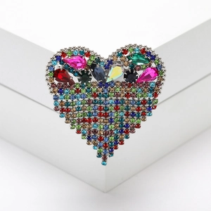 Elegant heart-shaped brooch with colorful crystals and tassels on silver alloy base