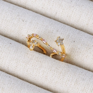 Flower Vine Adjustable Open Ring Gold Plated Copper Pink White Rhinestone Elegant Jewelry Gift For Women