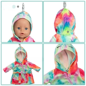 Detail shots of colorful tie-dye unicorn bathrobe with hood and silver horn for 18-inch dolls