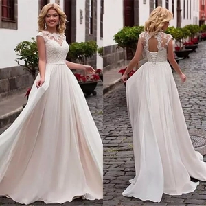 Abito Da Sposa In Pizzo E Chiffon Avorio Senza Maniche Linea A Schiena Scoperta Stringhe Vita Alta Donna