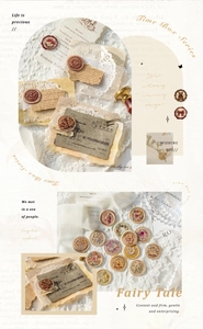 Macro detail of vintage wax seal stickers featuring floral and animal embossed textures