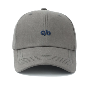 Deep grey cotton baseball cap with blue embroidered letters and curved brim for outdoor use