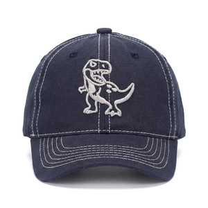 High-quality close-up of kids navy cotton baseball cap with silver dinosaur embroidery