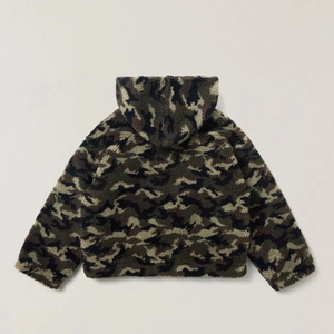 Back view of a cozy camouflage faux fur hoodie with plush texture and hood detail