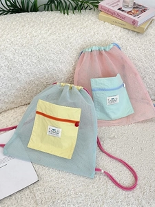 Sac à dos léger en mesh bicolore vert et rose avec cordon de serrage pour étudiants