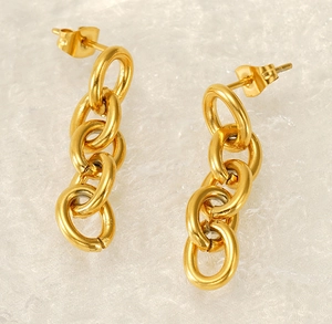 Detailed view of 18K gold plated chain earrings with polished oval links and stud back