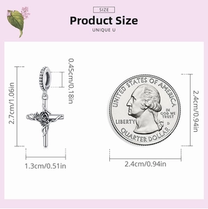 Size comparison of S925 silver rose cross pendant next to a coin for scale