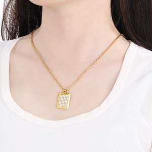 Sparkling crystal heart gold necklace with a rectangular pave rhinestone pendant
