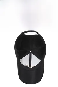 Close-up of black baseball cap interior showing breathable sweatband and quality embroidery