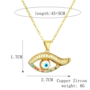 Detail view of colorful evil eye pendant with 1.7x2.7cm size and 45cm chain length