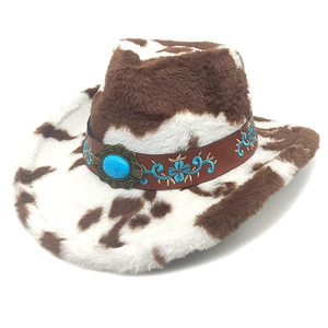 Brown cow print fuzzy cowboy hat with embroidered turquoise bull head accessory