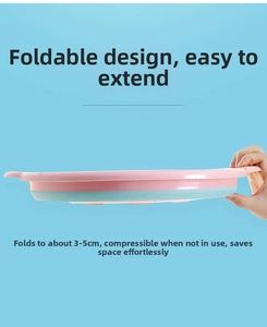 Detail showing the space-saving 3-5cm slim folding thickness of the pink and blue basin
