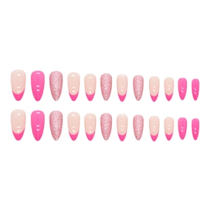 Unghie finte rosa glitterate stile francese forma a mandorla set da 24 pezzi donna