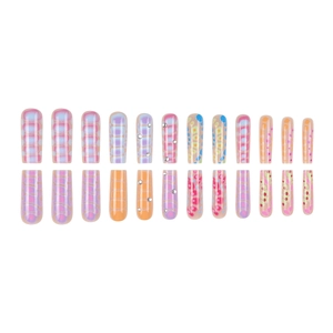 24pcs Long Coffin Press-On Nails with Purple Plaid Orange and Rhinestone Designs