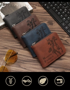 Business leather wallets in four colors displayed with minimalist office accessories