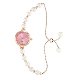 Elegante orologio al quarzo da donna in oro rosa con quadrante rosa e cinturino di perle