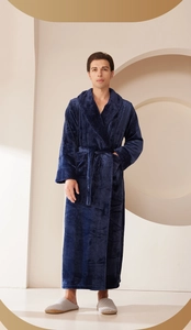Detail of dark blue flannel bathrobe showing thick texture and woven collar patterns