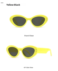 Baroque cat eye sunglasses with yellow frame and star accents in front and side views