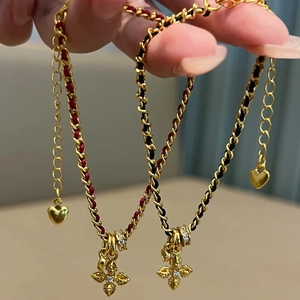 18K gold plated cross bracelets with zircons on red and black braided ropes